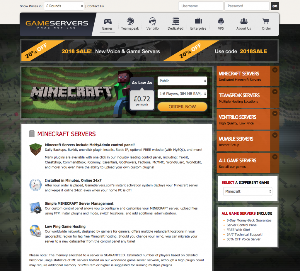 Capture d'écran du site d'hébergement de Gameservers
